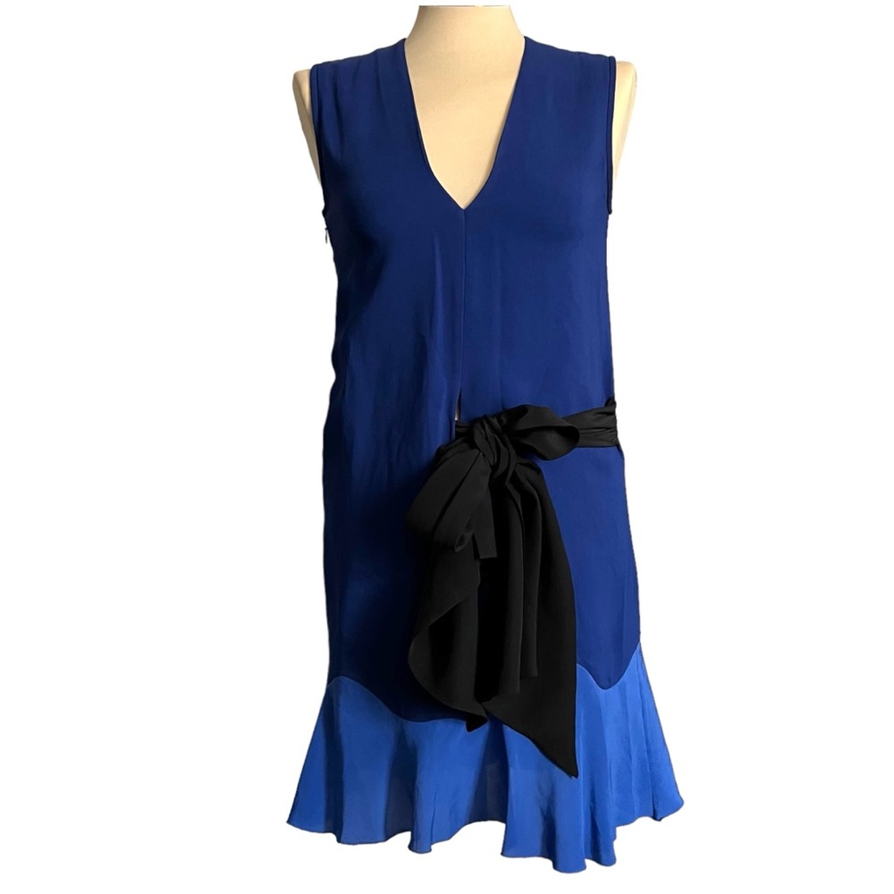 Vionnet Paris Sleeveless V-neck Mixed Media Blue Cocktail Dress Black Silk Tie